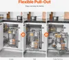 A corner cabinet pull-out organizer shown in three stages of extension: inside, half pulled out, and fully pulled out. The cabinet is stocked with various kitchen items like jars, bottles, and mugs. Anteprima dell’immagine prodotto