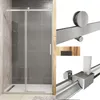 A collage of images showing a sliding shower door and its components. Produktbild-Vorschau