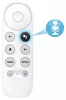 A white remote control with a blue circle highlighting the Google Assistant button, with a microphone icon overlay pointing to it. Produktbild-Vorschau