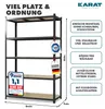 A black metal shelving unit with wooden shelves, presented with marketing text and certifications. Produktbild-Vorschau