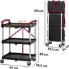 A foldable serving trolley shown in both its open and folded states, with dimensions indicated by text overlays. Voir les images du produit