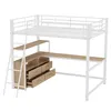 A white metal loft bed with a wooden desk and drawers underneath, shown against a white background. Produktbild-Vorschau
