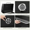 A collage of four images showing different features of a black charcoal grill. Produktbild-Vorschau