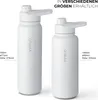 Two white water bottles of different sizes are shown side-by-side, with text annotations indicating their capacities and dimensions. Produktbild-Vorschau