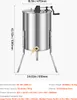 A stainless steel honey extractor with dimensions and specifications overlaid. Anteprima dell’immagine prodotto