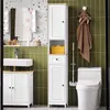 A bathroom scene featuring a tall white cabinet, a sink, and a toilet. Produktbild-Vorschau