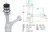 A diagram of a sink siphon with measurements and labels, alongside a 3D render of the siphon assembly. Náhled obrázku produktu
