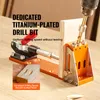 A woodworking jig with a drill bit is shown in use on a wooden surface, with text overlays highlighting features. Náhled obrázku produktu