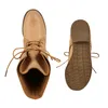 A top-down view of a pair of tan ankle boots, with one boot shown from the top and the other shown from the sole. Produktbild-Vorschau