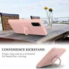 A pink phone case with a ring stand is displayed on a wooden table with chairs and flowers in the background. Podgląd zdjęcia produktu