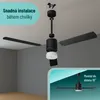 An exploded view of a black ceiling fan, with text overlays indicating ease of installation and angled mounting, and a smaller inset image of the mounted fan. Náhled obrázku produktu