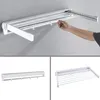 A collage of images showing a retractable wall-mounted clothes drying rack. The top image shows a hand extending the rack, while the bottom two images show the rack in its retracted and extended states. Produktbild-Vorschau