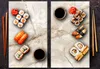 A collage of two images showing sushi and sashimi on marble plates with chopsticks and soy sauce. Anteprima dell’immagine prodotto