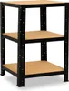 A black metal shelving unit with three wooden shelves, shown against a white background. Podgląd zdjęcia produktu