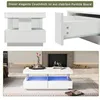 A collage of images showing a white coffee table with LED lights and drawers, a close-up of a drawer mechanism, and the coffee table in a living room setting. Náhled obrázku produktu