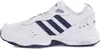 A side view of a white Adidas sneaker with navy blue stripes. Voir les images du produit