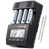 A black battery charger with four AA batteries inserted, displaying information on its LCD screen. Anteprima dell’immagine prodotto