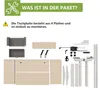 An overhead view of desk components and assembly parts, with instructional text. Produktbild-Vorschau