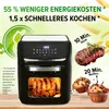 A marketing image for a MAXXMEE air fryer, showcasing its features and benefits with text overlays and food imagery. Produktbild-Vorschau