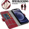 A red flip case for an iPhone 12 Pro Max, showing its card slots and RFID blocking feature. Produktbild-Vorschau