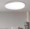 A white, circular LED ceiling light is mounted on a light gray ceiling.