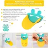 Collage of images showing a faucet extender for children, with text highlighting its features. Produktbild-Vorschau