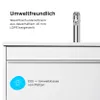 A close-up view of a white bathroom cabinet with text indicating environmental friendliness and a faucet. Produktbild-Vorschau