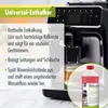 A coffee machine with a bottle of descaler in the foreground, and text describing the product's features. Produktbild-Vorschau