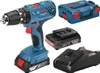 A Bosch cordless hammer drill set with accessories, including a battery, charger, and carrying case, displayed against a white background. Voir les images du produit