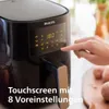 A hand is shown interacting with the touchscreen of a black Philips Airfryer, which is placed on a countertop. The airfryer has a digital display showing '180' and various icons. Text overlays the bottom of the image. Produktbild-Vorschau