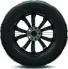 A black tire with a black rim and tire chains, shown from the front. Produktbild-Vorschau