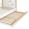 A close-up view of the slatted base of a white and wood bunk bed and a pull-out trundle bed. Anteprima dell’immagine prodotto