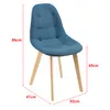 A blue fabric chair with wooden legs, shown with dimensions indicated by red lines and text. Produktbild-Vorschau