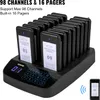 A black wireless paging system base with 16 pagers docked, displayed on a black surface. Text overlays describe product features. Produktbild-Vorschau