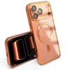 Two rose gold iPhone cases are shown against a white background. One case is upright, showing the camera array and MagSafe ring. The other case is lying down, revealing the interior. Produktbild-Vorschau