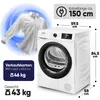 A white Bomann heat pump dryer with dimensions and weight information displayed, alongside an illustration of a white shirt being dried. Produktbild-Vorschau