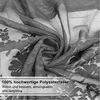 A close-up view of black lace fabric with a floral pattern, folded and draped. Text overlays describe the material and its properties. Produktbild-Vorschau