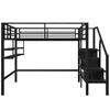 A black metal loft bed with stairs and shelves, shown against a white background. Náhled obrázku produktu