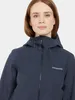 A close-up shot of a woman wearing a dark blue hooded jacket. Produktbild-Vorschau