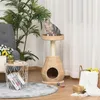 A cat is sitting on a cat tree in a living room setting, with a chair, plants, and a side table. Náhled obrázku produktu
