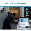 A security camera is shown monitoring a burglar attempting to break into a house, with a smartphone displaying an alert from the camera. Produktbild-Vorschau