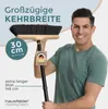 A man is holding a broom, with text overlays highlighting product features. Produktbild-Vorschau