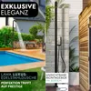 A split image showing an outdoor shower by a pool on the left and a close-up of an outdoor shower column on the right, with text overlays. Produktbild-Vorschau