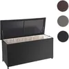 A black poly-rattan storage box with its lid open, showing a cream-colored liner inside. Three circular swatches of different colors (brown, gray, and black) are displayed to the right of the box, likely indicating color options. Náhled obrázku produktu