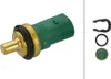 A single automotive coolant temperature sensor with associated clips and seals, presented on a white background. Náhled obrázku produktu