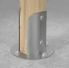 Close-up of a wooden post base with a metal protective plate and a metal base plate attached to the floor with bolts. Produktbild-Vorschau