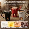Three fondue mugs with candles underneath, and four small images showing milk, cheese, coffee, and chocolate. Produktbild-Vorschau