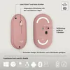 A pink Logitech Pebble 2 mouse shown from the top and bottom, with feature callouts and compatibility icons. Produktbild-Vorschau