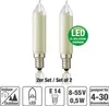 Two candle-shaped LED light bulbs on a white background with informational icons below. Produktbild-Vorschau