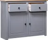 A grey sideboard with a wooden top and two drawers and two doors. Podgląd zdjęcia produktu